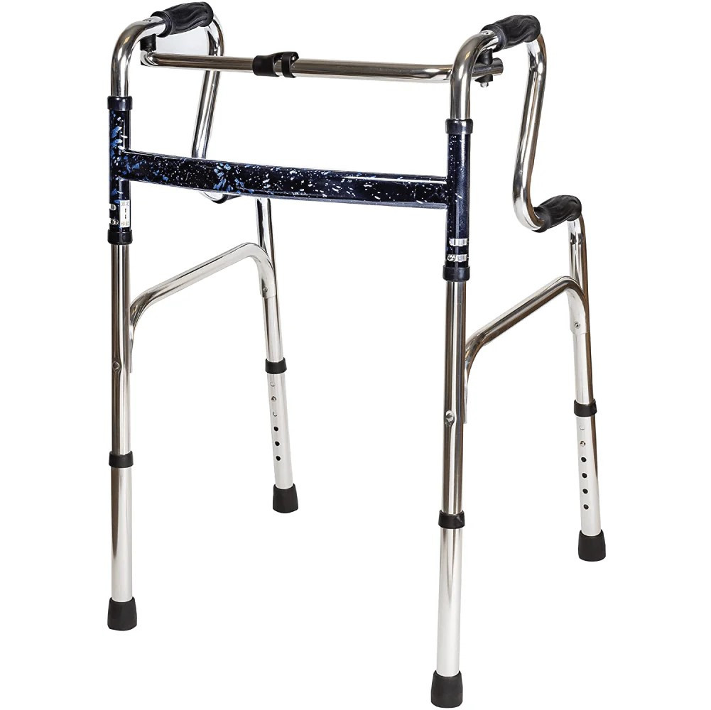 Carex Uplift Walker, Lightweight Adjustable Walker with Single-Button Folding Design, Matte Silver Finish, and Blue Crossbar