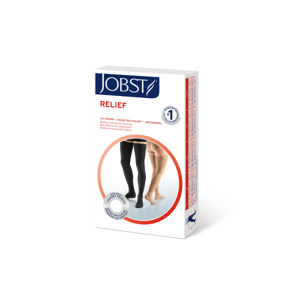 JOBST Relief Compression Stockings 15-20 mmHg Thigh High, with Silicone Dot Band, Open Toe,