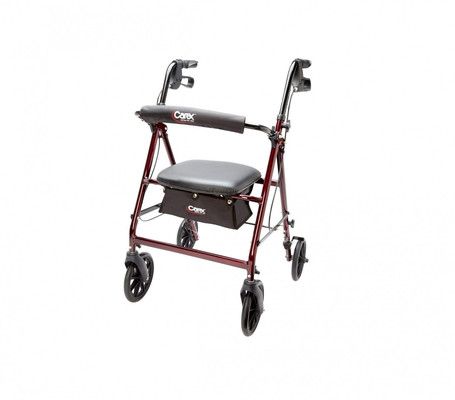 Carex Rollator Walker Extra Wide, Heavy-Duty Folding with 8" Wheels, Padded Seat & Storage, Burgundy – 300 lb Capacity